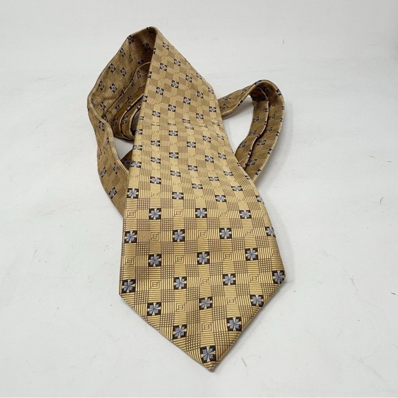 ROBERT TALBOTT PHILLIP’S Men’s Gold Blue Geometric Silk Hand Made Tie USA 60” - Picture 1 of 7
